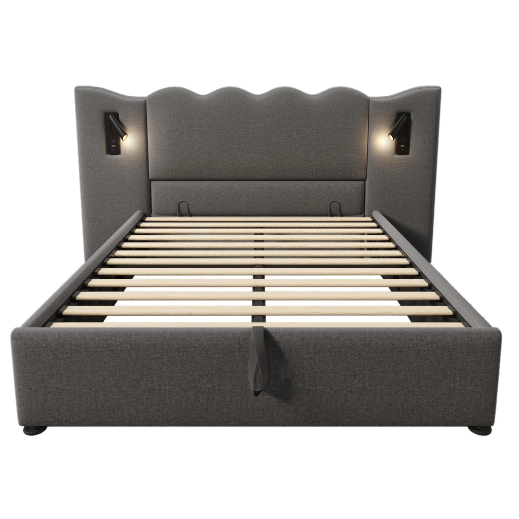 Letto matrimoniale – 160x200 cm – luce USBC contenitore – lino grigio