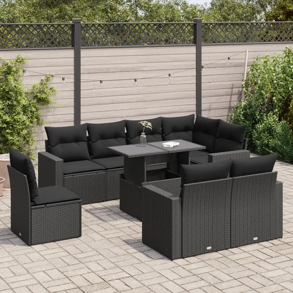Set Divani da Giardino 9 pz con Cuscini Nero in Polyrattan 3326336