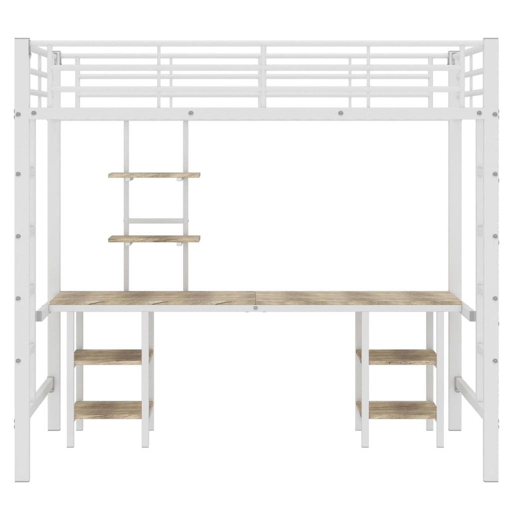 Letto a castello 204.5x95.5x180.5 cm con tavolo e ripiani in metallo e MDF bianco