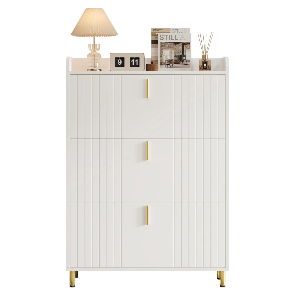 Mobile portascarpe a 3 ribalte 80x23x123;5 cm in MDF bianco con dettagli dorati