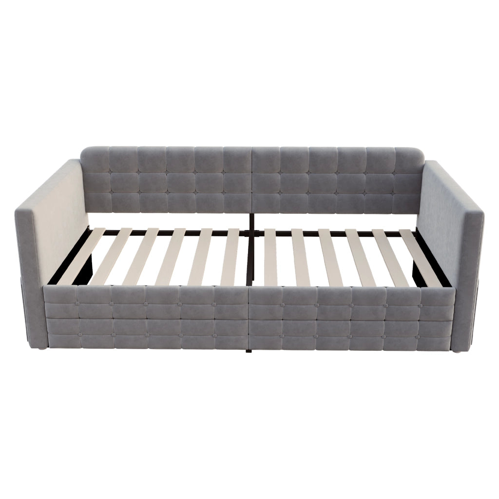 Letto imbottito singolo 90×190 cm con 2 tasche laterali e 2 cassetti; senza materasso; grigio