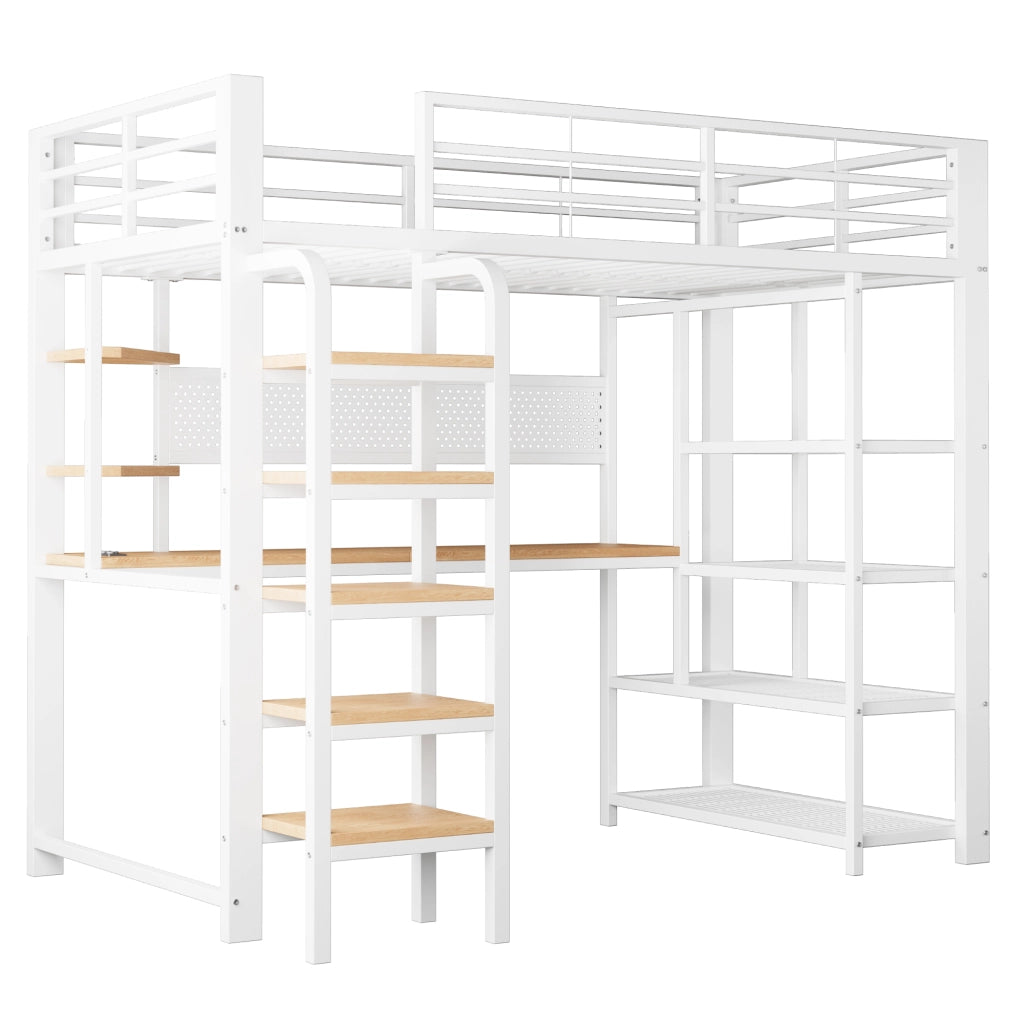 Letto a soppalco singolo 90×200 cm con LED; prese; scrivania; ripiani e scala; senza materasso; metallo; bianco