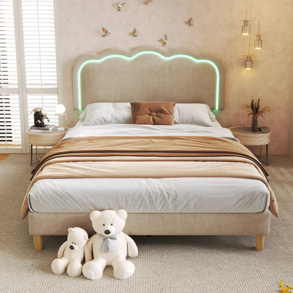Letto Matrimoniale 140×200 cm con Testiera Regolabile e LED; senza Materasso; in Lino; Beige