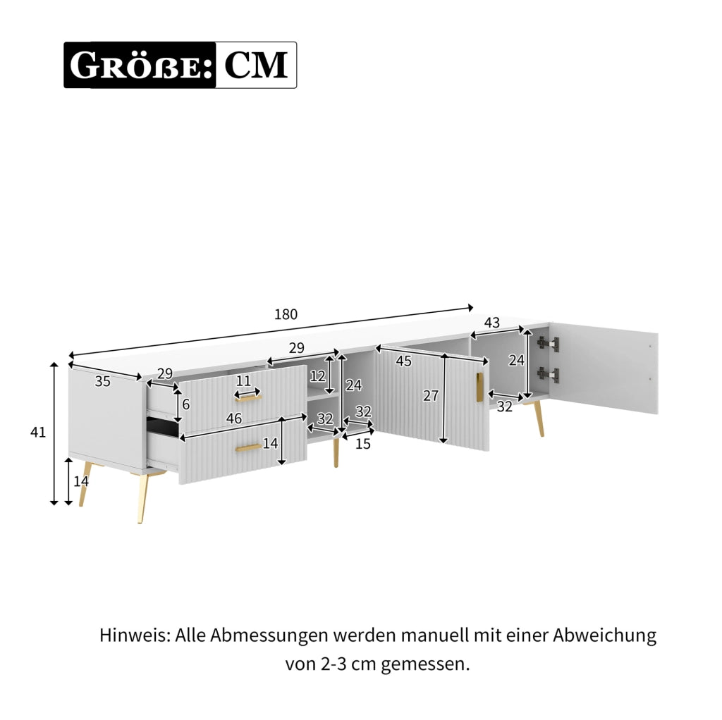 Mobile TV moderno in MDF bianco per TV fino a 80''; 2 cassetti; 2 ante