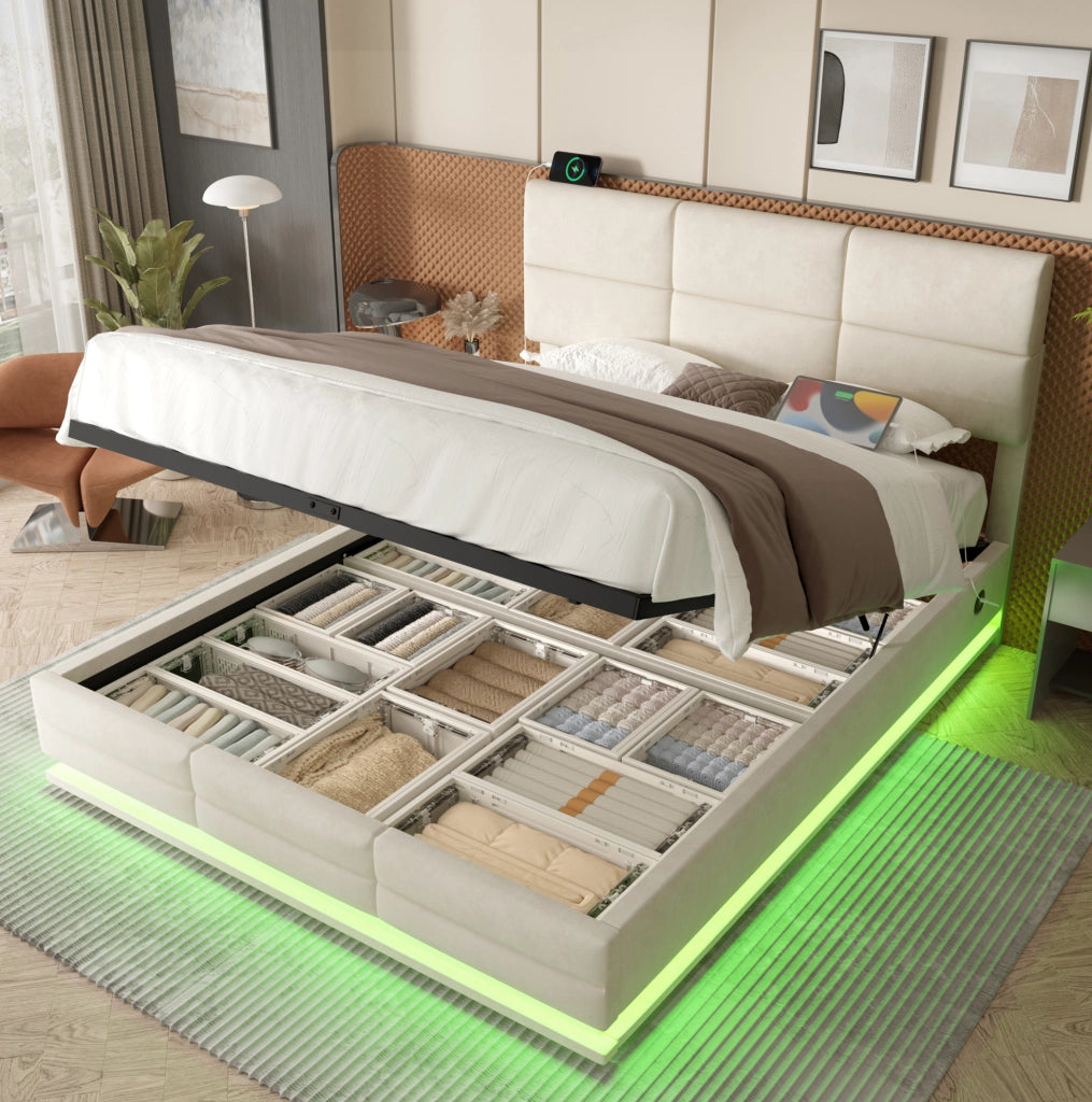 Letto 180x200 cm con contenitore idraulico, LED, USB e velluto beige