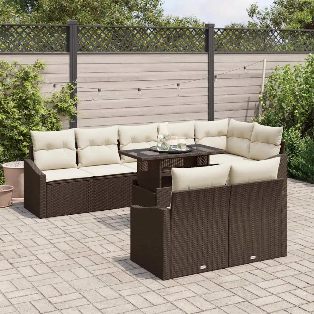 Set Divano da Giardino con cuscino 9 pcs Marrone e crema
