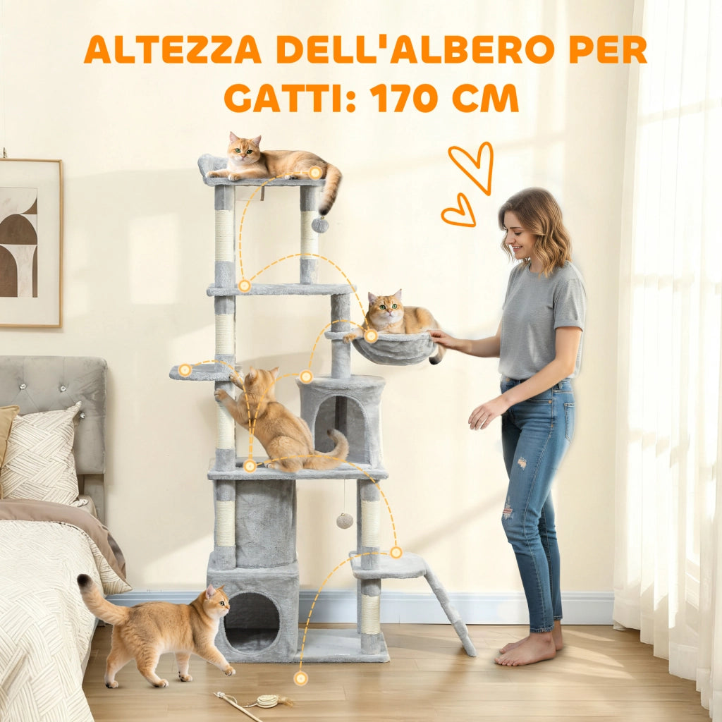 Albero Tiragraffi per Gatti con Casette, Amaca e Tunnel ¨C Zephmum ¨C Grigio 60x40x170 cm