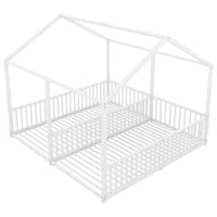 Letto per bambini 4+ anni in metallo 90×200 cm, forma di casa, con sponda di sicurezza, senza materasso, Bianco