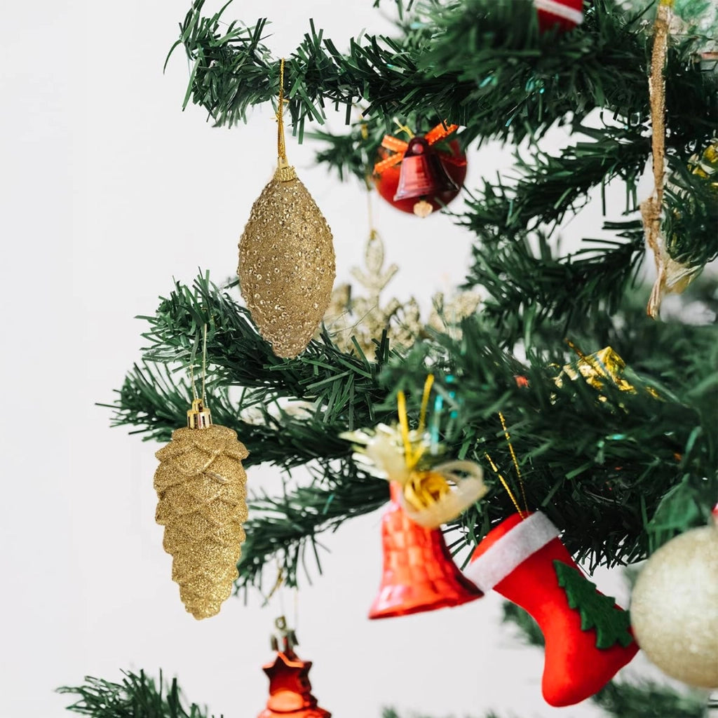 Set 12 Pezzi Appendino Natalizio Sfera, Pigna Fuso Oro – Decorazioni da Appendere per Albero di Natale – 8 x 12 cm – Addobbi Eleganti Dorati
