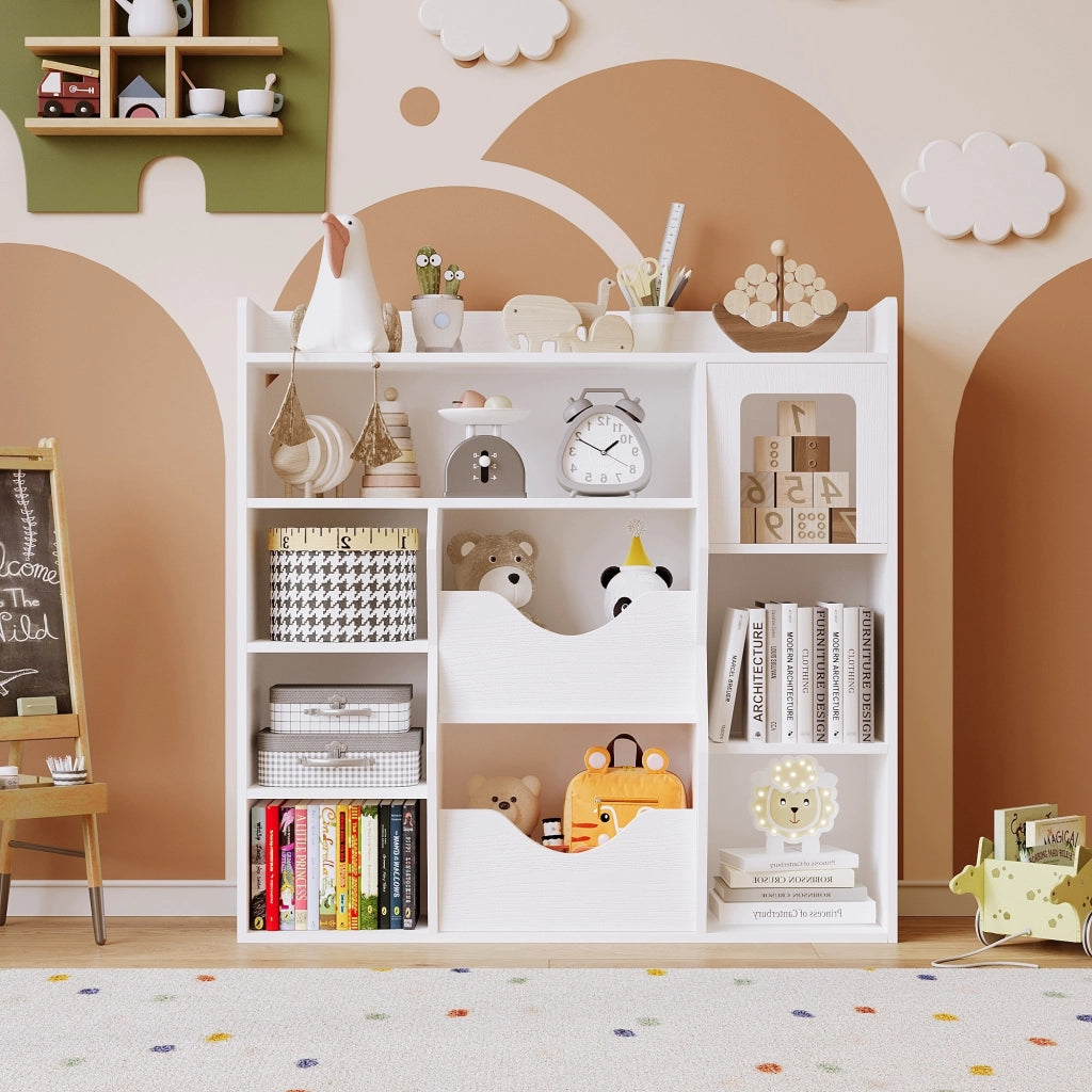 Scaffale bianco per bambini per giocattoli, libri e accessori con 9 scomparti