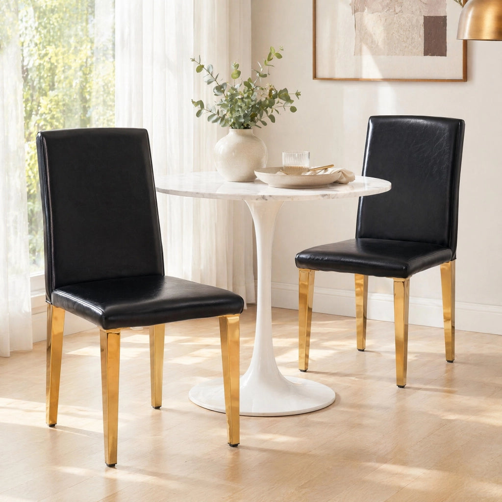 Set di 2 sedie da pranzo moderne in PU nero con gambe in metallo oro; 90 cm