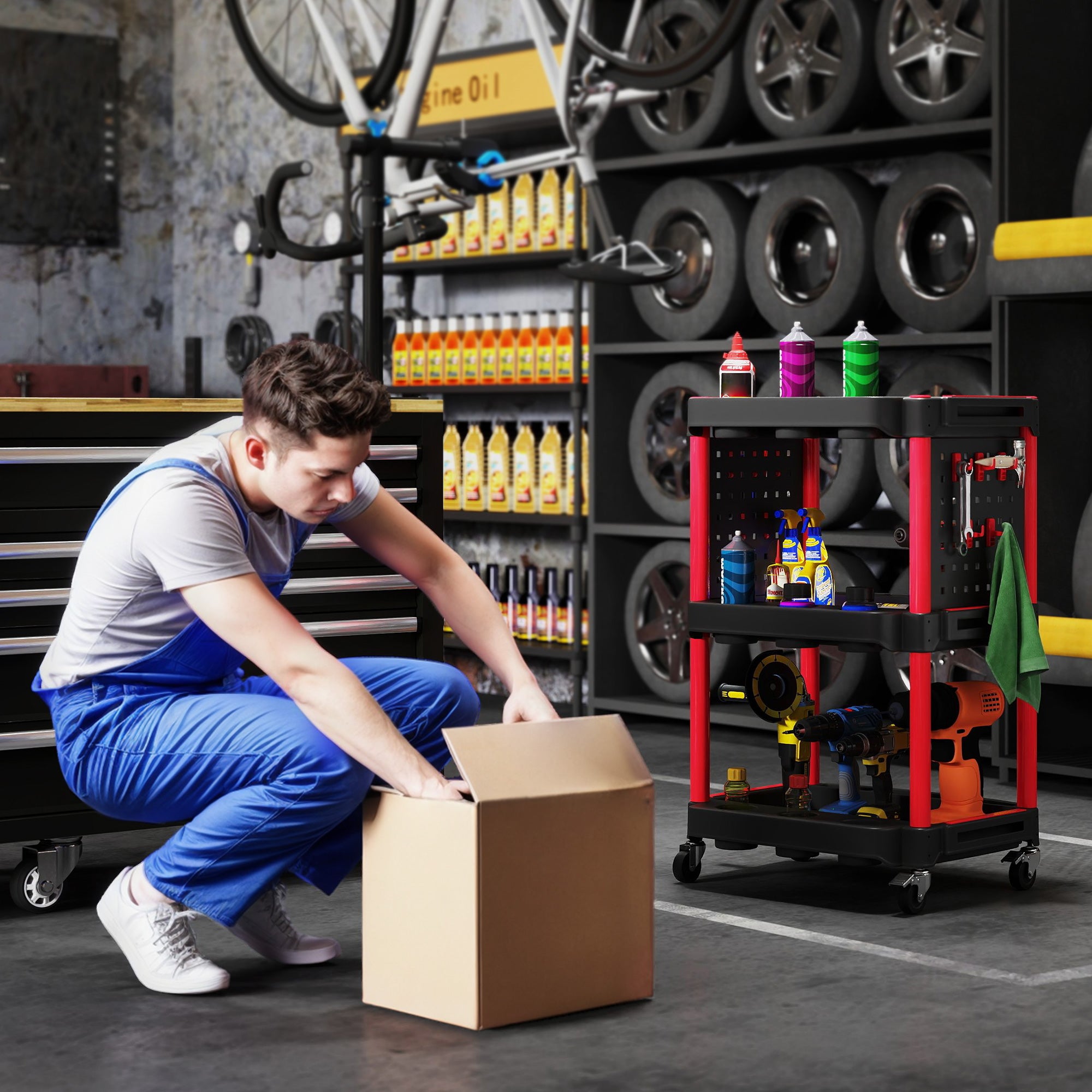 Carrello Porta Attrezzi a 3 Livelli 56,5x47,5x89 cm con Pannello Forato Laterale in Plastica Nero e Rosso