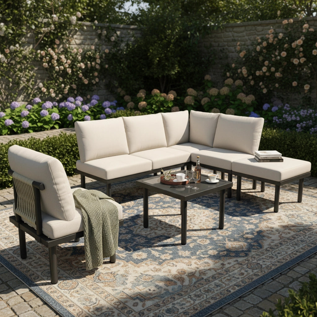 Set Lounge da Giardino 6 Pezzi con Cuscini ¨C MINIMAL ¨C Beige, Fune, Piano in Vetro