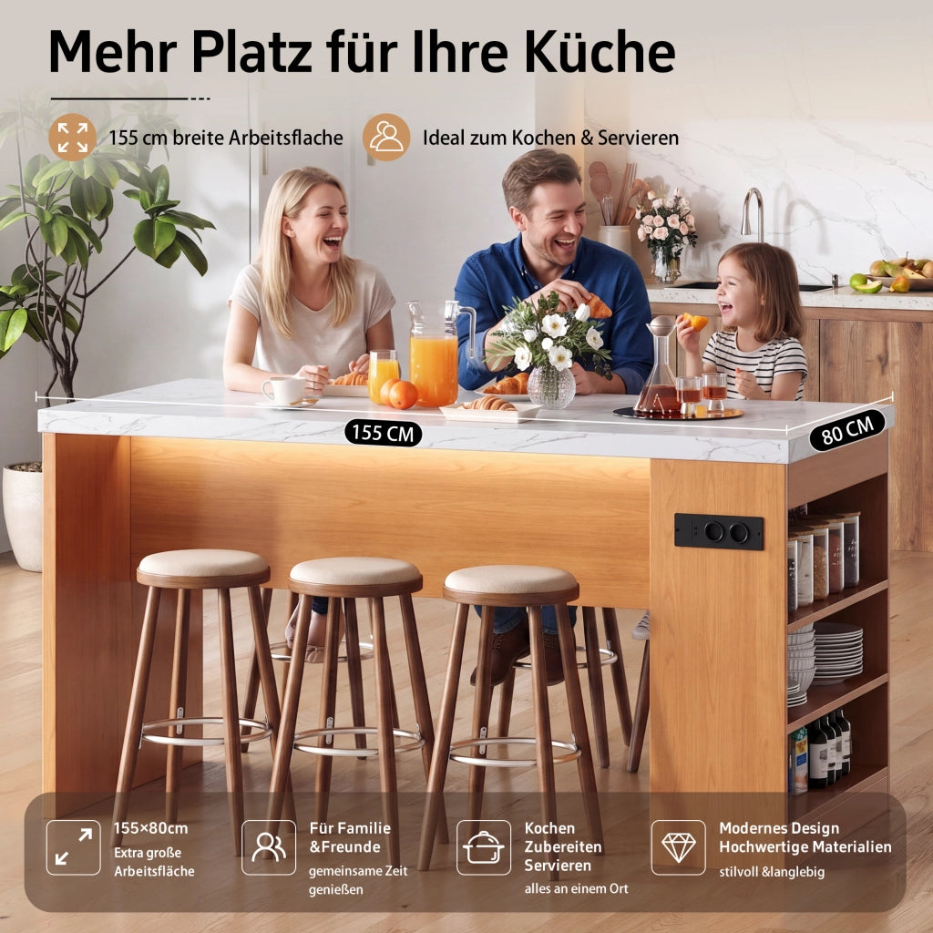 Isola cucina moderna 155x80x90 cm con LED, prese AC+USB, piano spesso 40 mm, MDF naturale/bianco