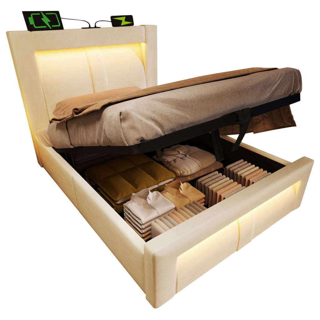 OKWISH Letto Contenitore 90×200 cm, Letto Singolo con LED Regolabile, USB, Type C e Testiera Curva, Materasso Incluso, Velluto Beige