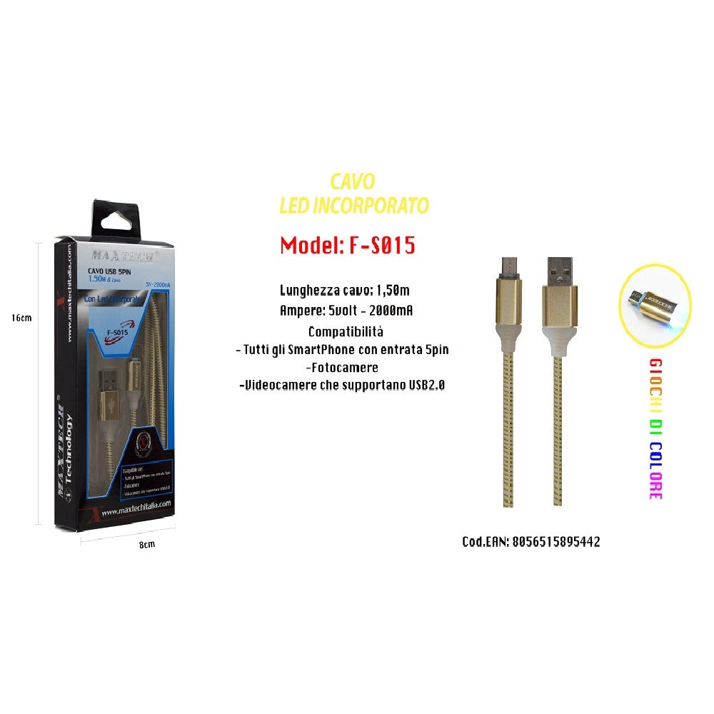 Trade Shop - Cavo Di Ricarica Usb Led Incorporato Smartphone Fotocamere 5v-2000ma 1,50mt Maxtech F-s015 -