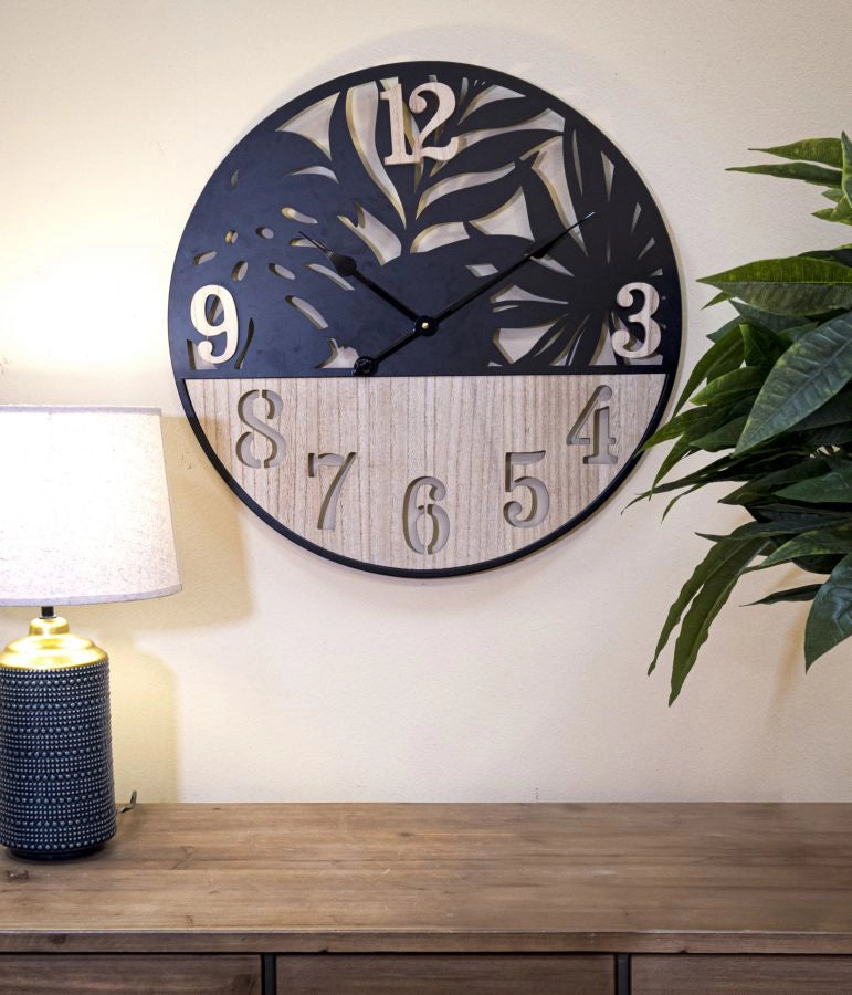 Orologio da Muro Palm 60x2,5x60 cm in Ferro e MDF Nero e Marrone