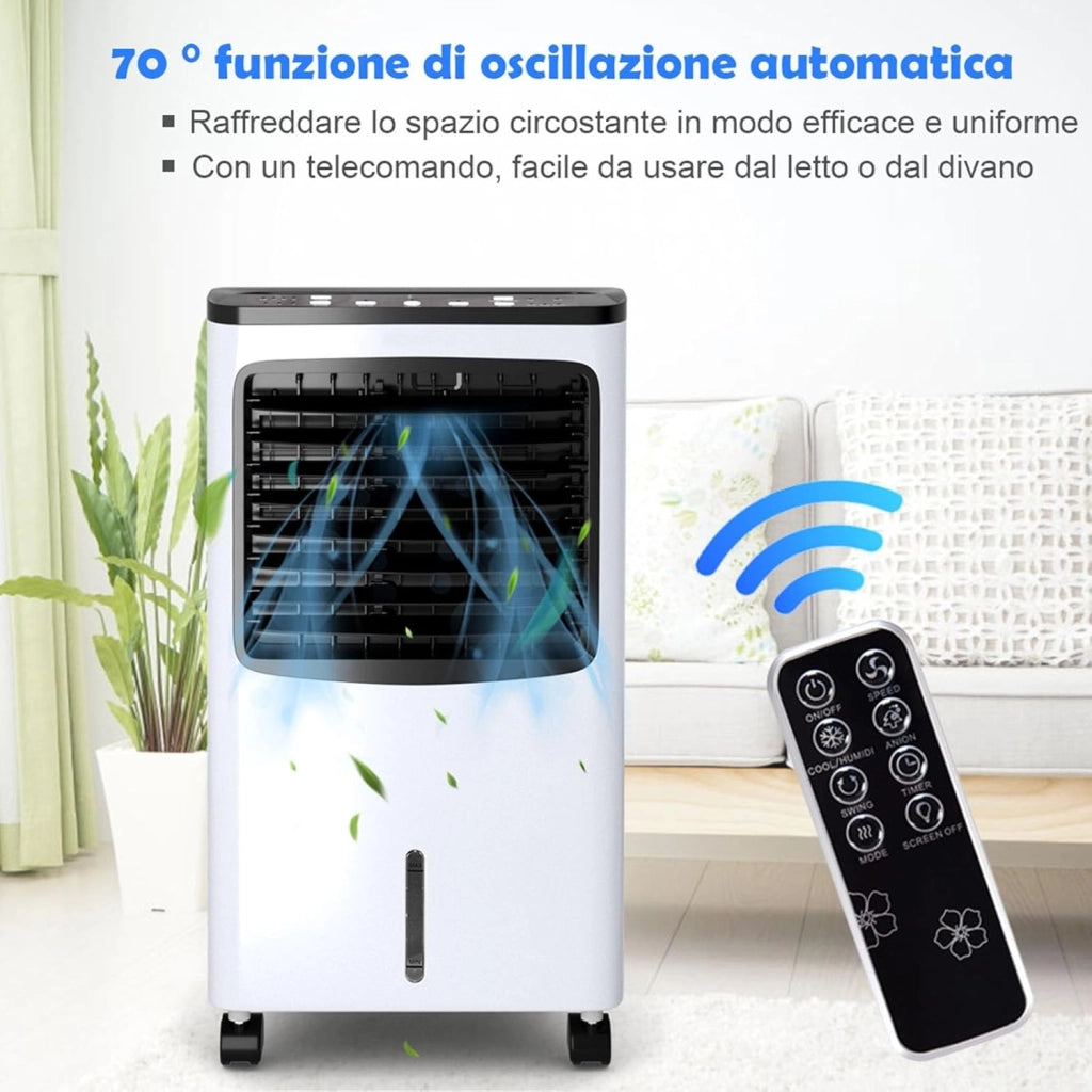 Condizionatore Portatile, Raffreddatore d’aria con Serbatoio Acqua 8L, 3 Modalità, 3 Velocità, Telecomando e Ruote, 7,5H Timer, per Casa, Ufficio