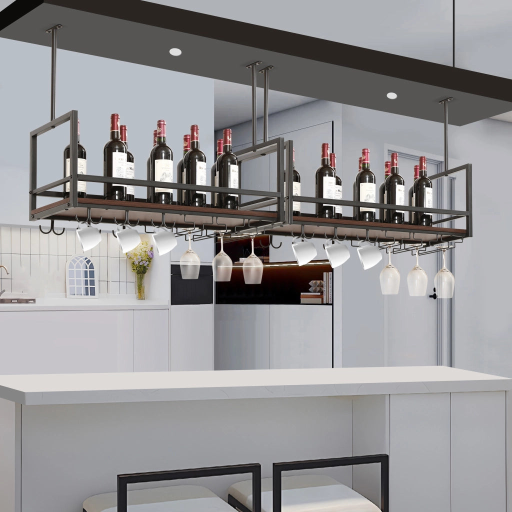 Portabottiglie Sospeso da Soffitto Borejle con Portacalici e Ganci per Tazze 80x30x65 cm Nero / Effetto Noce [en.casa]