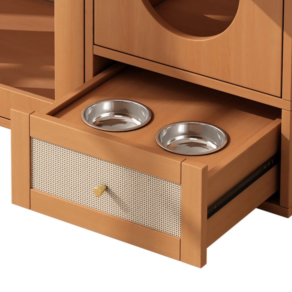 Mobile multifunzione per gatti 5 in 1 con zona lettiera, area riposo, ciotole e vani contenitore, effetto noce, 120x45x83 cm