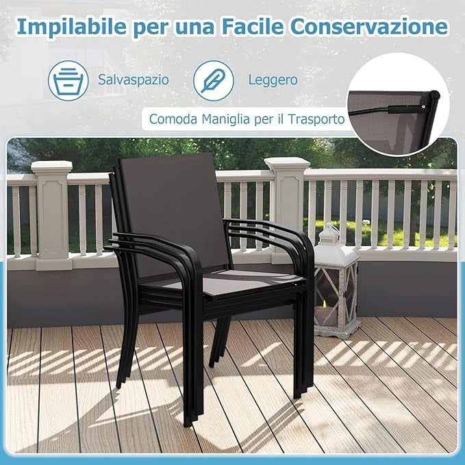 Set di 2/4 Sedie da Pranzo per Esterni, Sedia da Giardino Impilabili con Tessuto Traspirante, Braccioli, Schienale Alto e Telaio in Metallo, Portata 150 kg (Grigio,4)