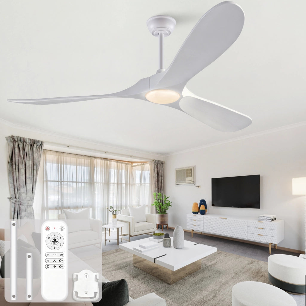 Ventilatore da soffitto da 60 pollici con luce LED; 3 pale in legno massello e telecomando; bianco