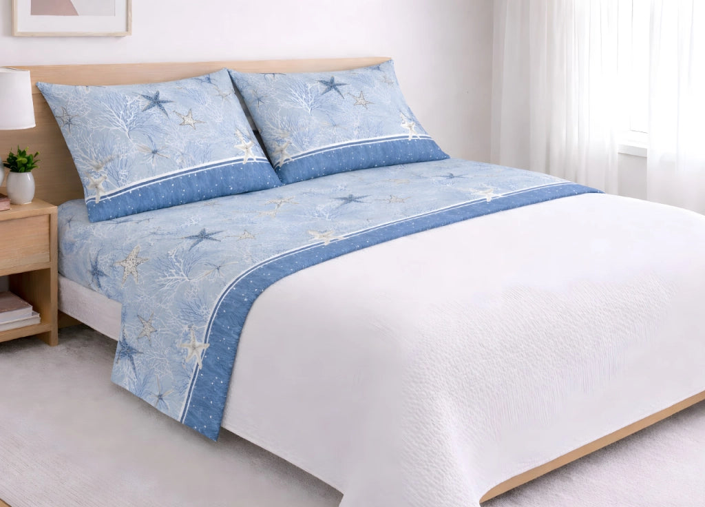 Completo Lenzuola Matrimoniale 100% Cotone Made Italy Disegno Starfish CN - 1 Piazza e Mezza - Starfish