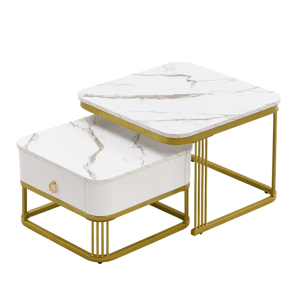 Tavolino da Caff¨¨ Impilabile Set 2 Pezzi ¨C MINIMAL ¨C Effetto Marmo Lucido con Cassetti, Gambe Dorate