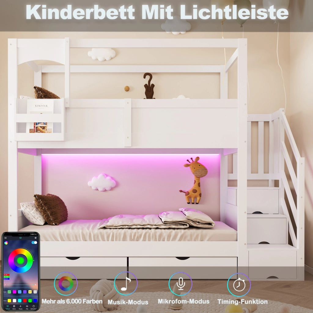 Letto a castello per bambini 90x200 cm con scala contenitore; cassetti e lavagna; bianco