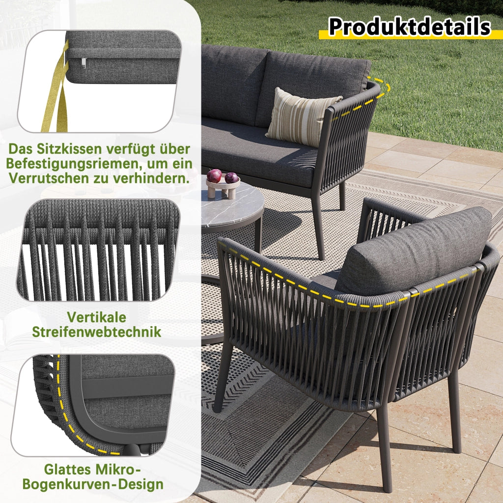 Set lounge da giardino modulare 6 pezzi con 2 tavolini in metallo e olefin grigio