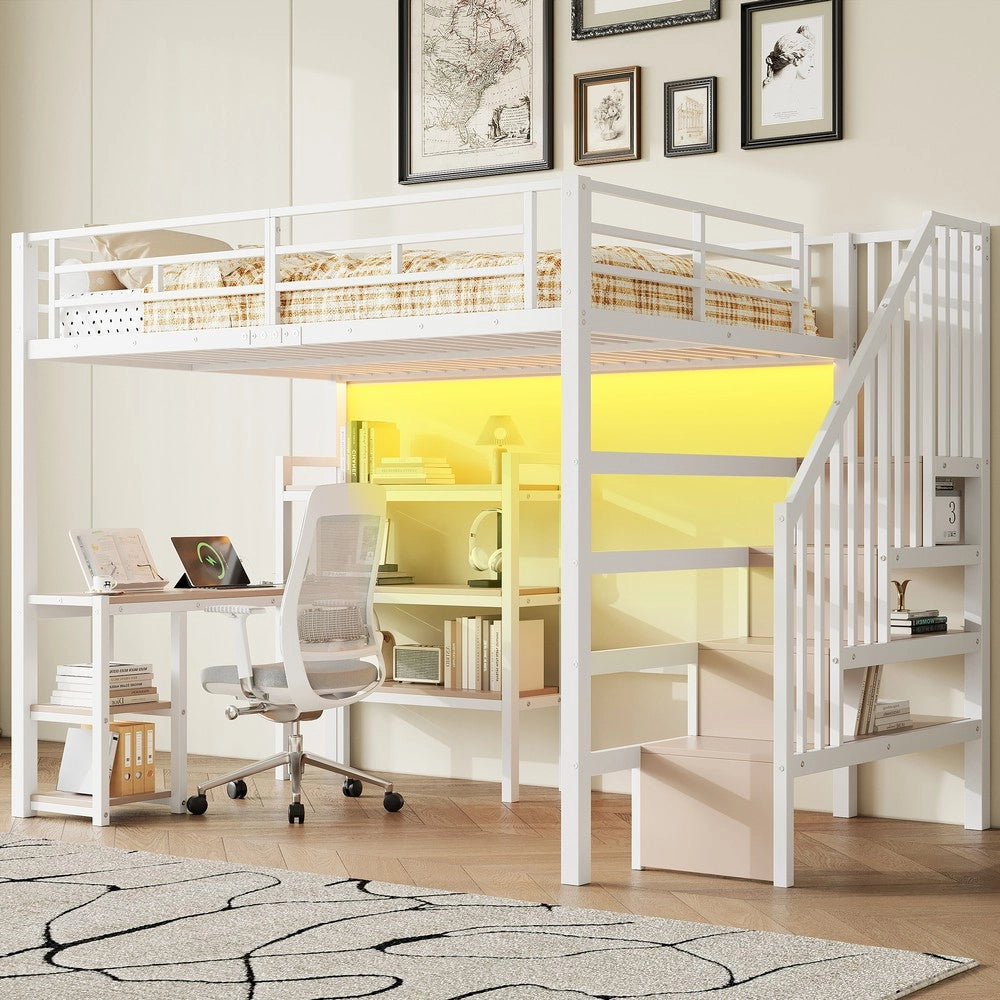 Letto a Soppalco con Scrivania, Cassetti, LED e USB ¨C Xylo ¨C Metallo Bianco 140x200
