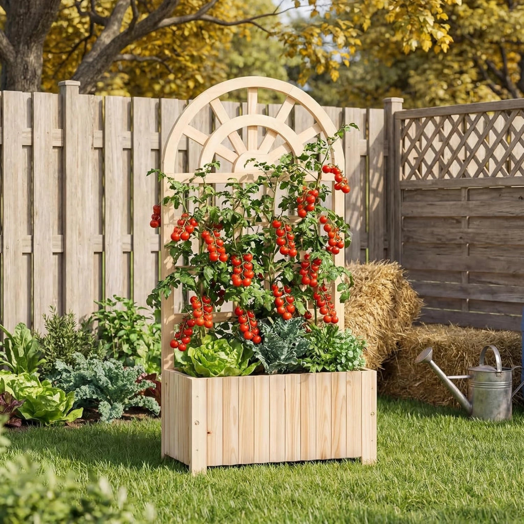 Letto da Giardino Rialzato in Legno con Traliccio, Fioriera da Esterno con Spalliera e Fori di Drenaggio, Aiuola Elevata per Piante Rampicanti, Fiori e Verdure (Naturale,61 x 30 x 121 cm)