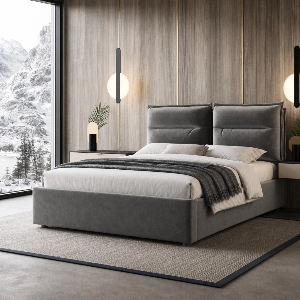 Letto matrimoniale imbottito con contenitore 140x200 cm in velluto grigio; testiera regolabile