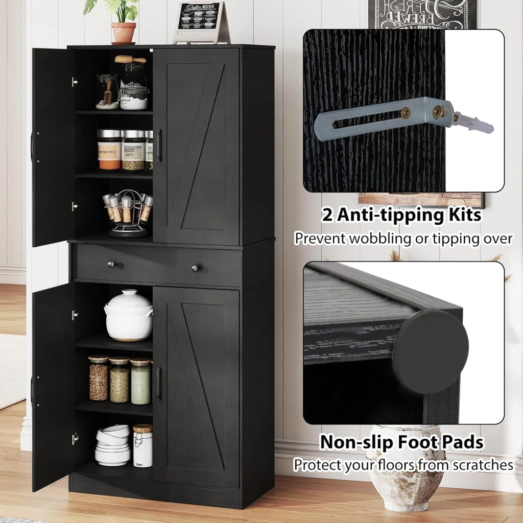 Credenza Alta da Cucina in Legno, 2 Armadi con Ante e 1 Cassetto, Mobile Buffet con 3 Ripiani Regolabili, Mobiletto Multiuso per Soggiorno, Sala da Pranzo, 77x39x183cm(In 2 Pacchi) (Nero)