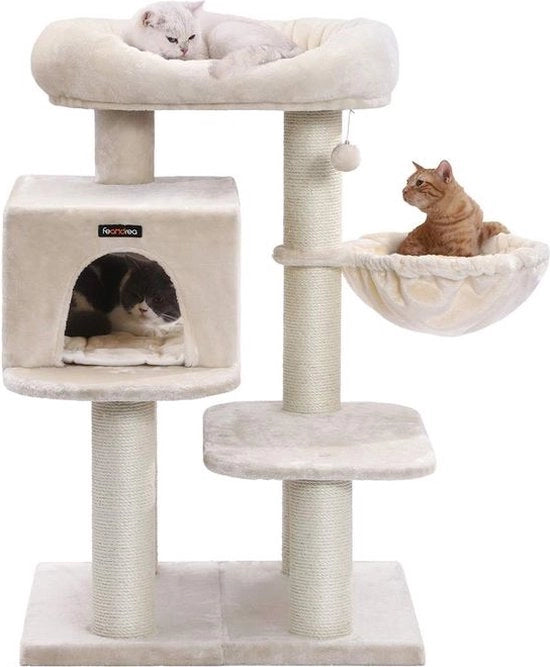 Cat Tree Casa - Doppio fondo - Cambio di direzione - Scala per gatti - Gatti grandi - Piattaforma di osservazione - Gatto spaziale - Pannello di spuma di spugna - Sisal - Beige - 70 x 60 x 112 cm