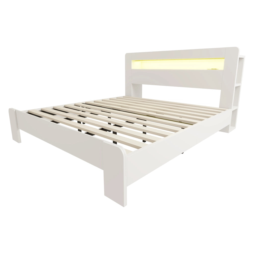 Letto con piattaforma 180x200 mm illuminazione a LED prese elettriche con vani portaoggetti legno bianco