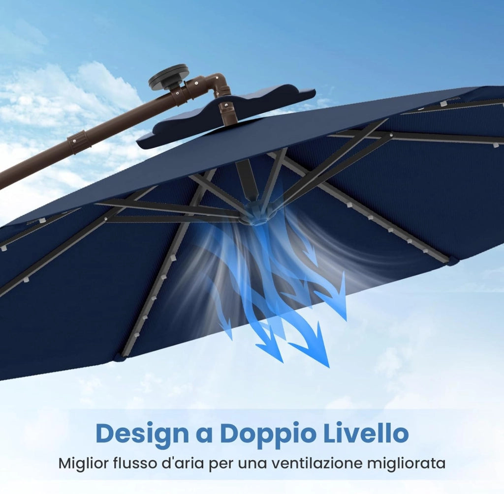 Ombrellone da Giardino con 40 Luci a LED, con Sacco di Sabbia, Ombrellone da Esterno 300 cm con Altezza Regolabile, Ombrellone per Giardino Piscina Patio, 300 x 300 x 250 cm (Blu)