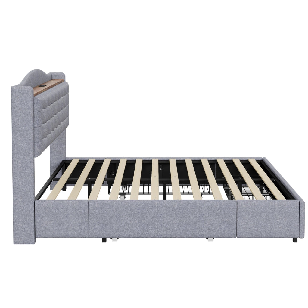 Letto matrimoniale imbottito 140x200 cm con USB; 4 cassetti; tessuto effetto lino grigio