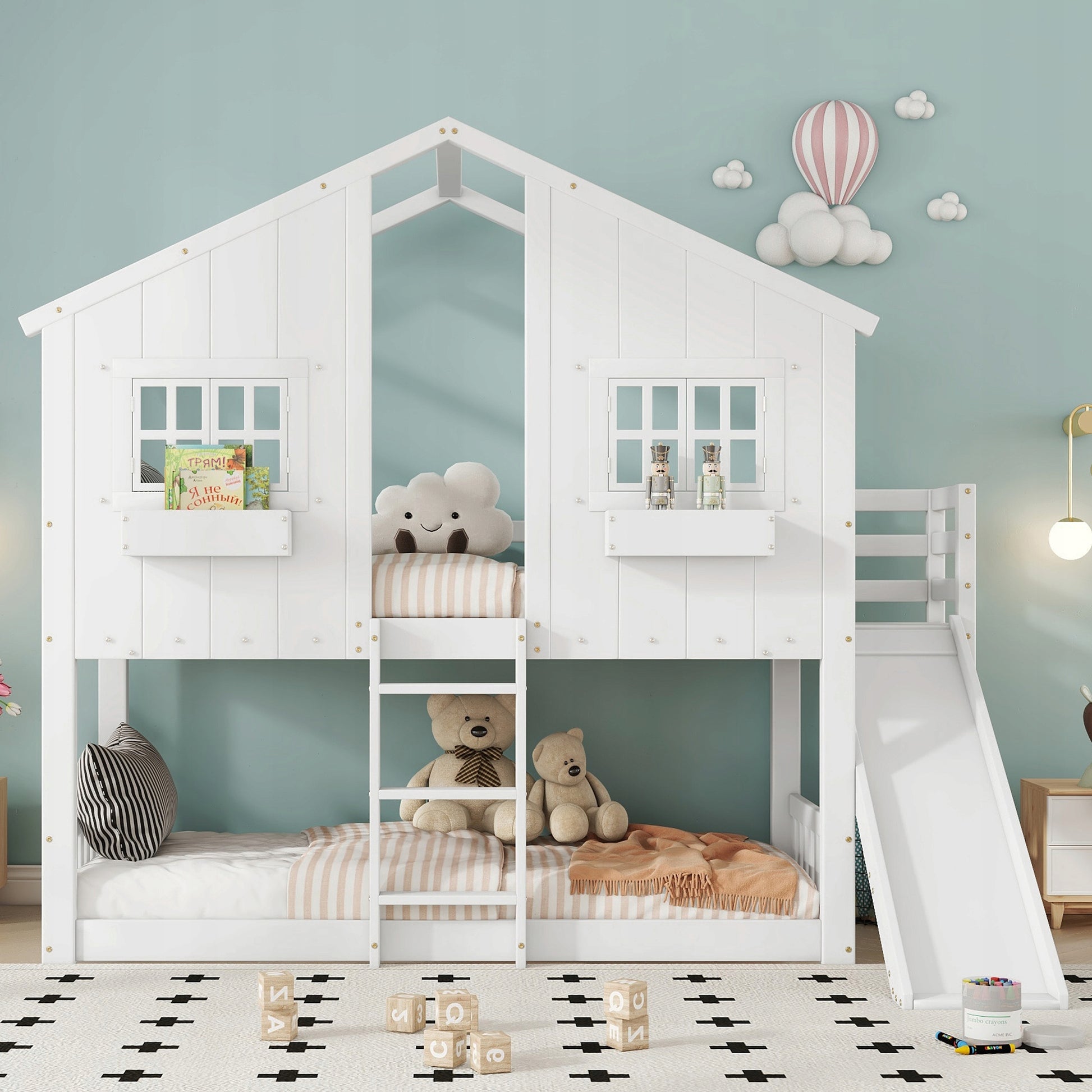 Letto a castello 90x200 - Xylo - Bianco con scivolo e tetto