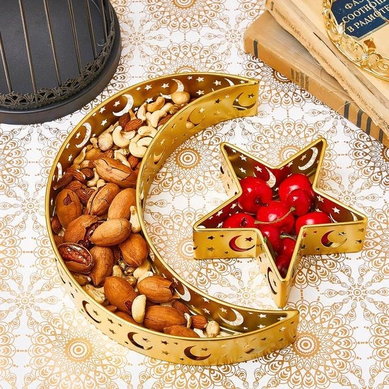 Tavolo da dessert, Ramadan, tavolo da dessert con stelle e luna, tavolo da dessert, tavolo da dessert islamico, tavolo da snack, contenitore di conservazione alimentare, tavolo da dessert d'oro.