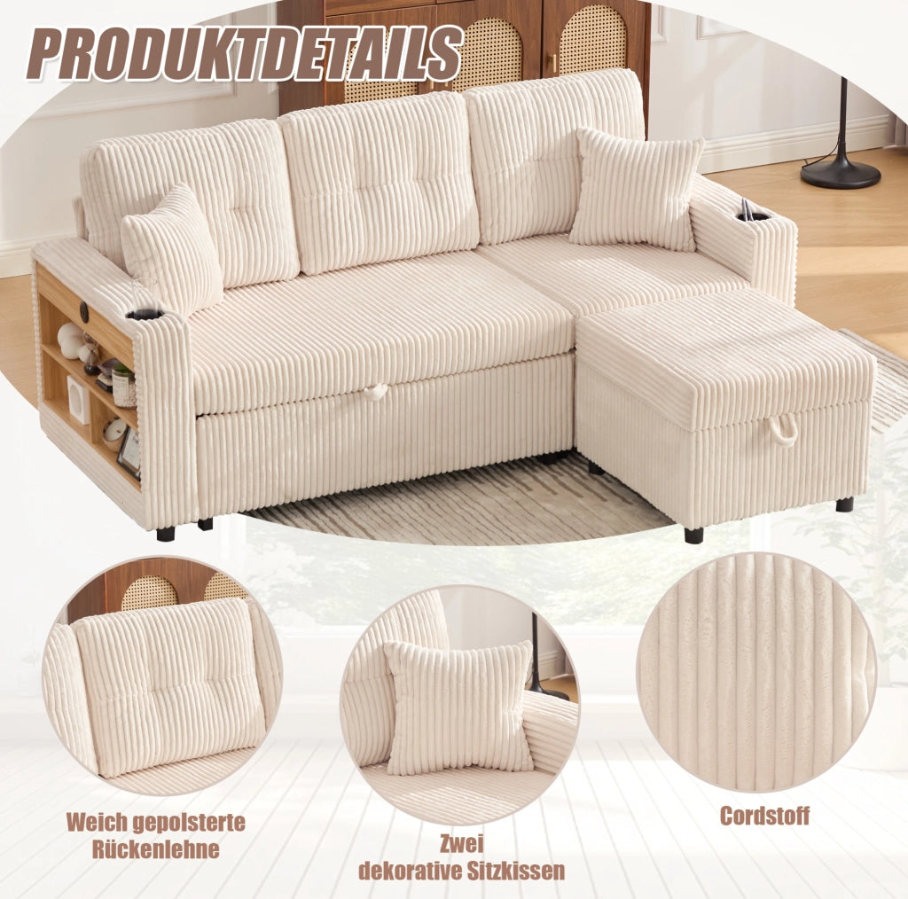 Divano letto estraibile in velluto a coste beige con contenitore; LED e USB-C