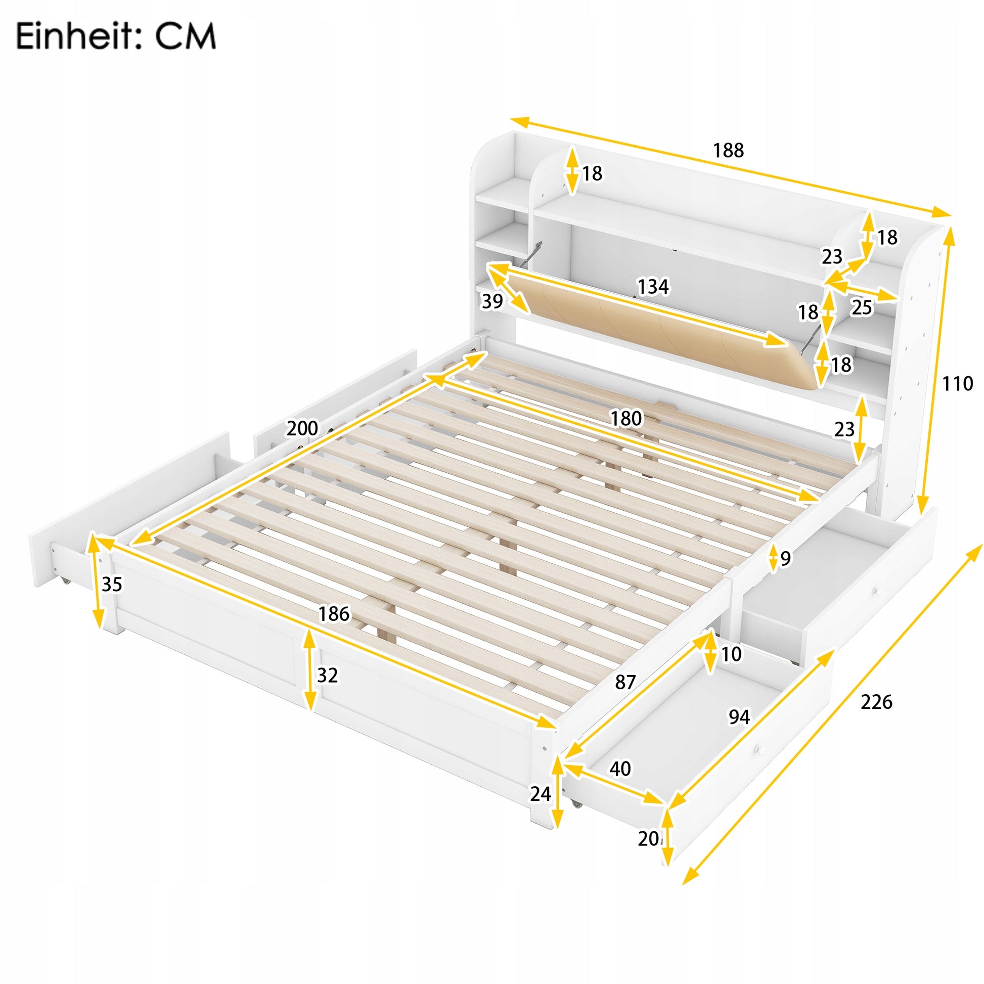 Letto matrimoniale con testiera - Xylo - 180x200 - Bianco - 4 cassetti