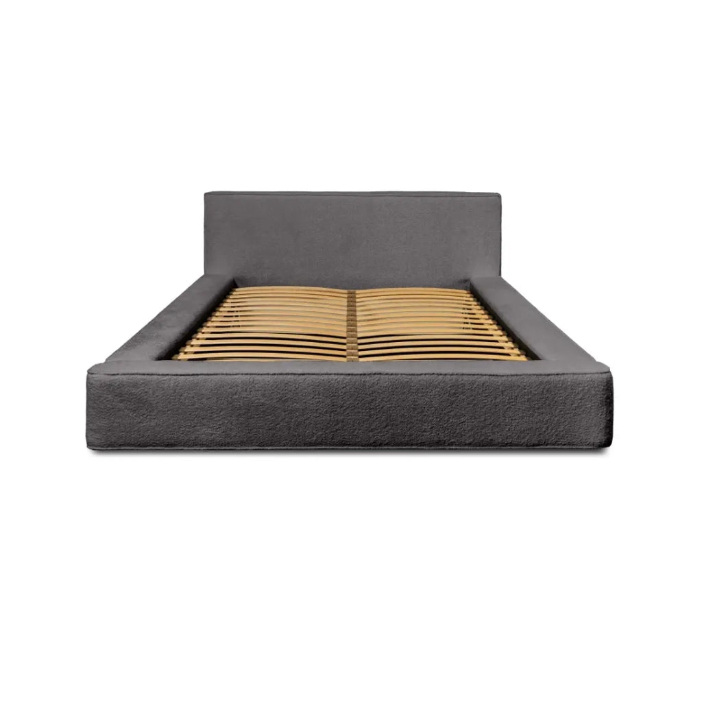 Letto contenitore VELORA – Grigio cenere bouclé – 140x200 cm – Tessuto velluto morbido – Rete sollevabile – Contenitore integrato