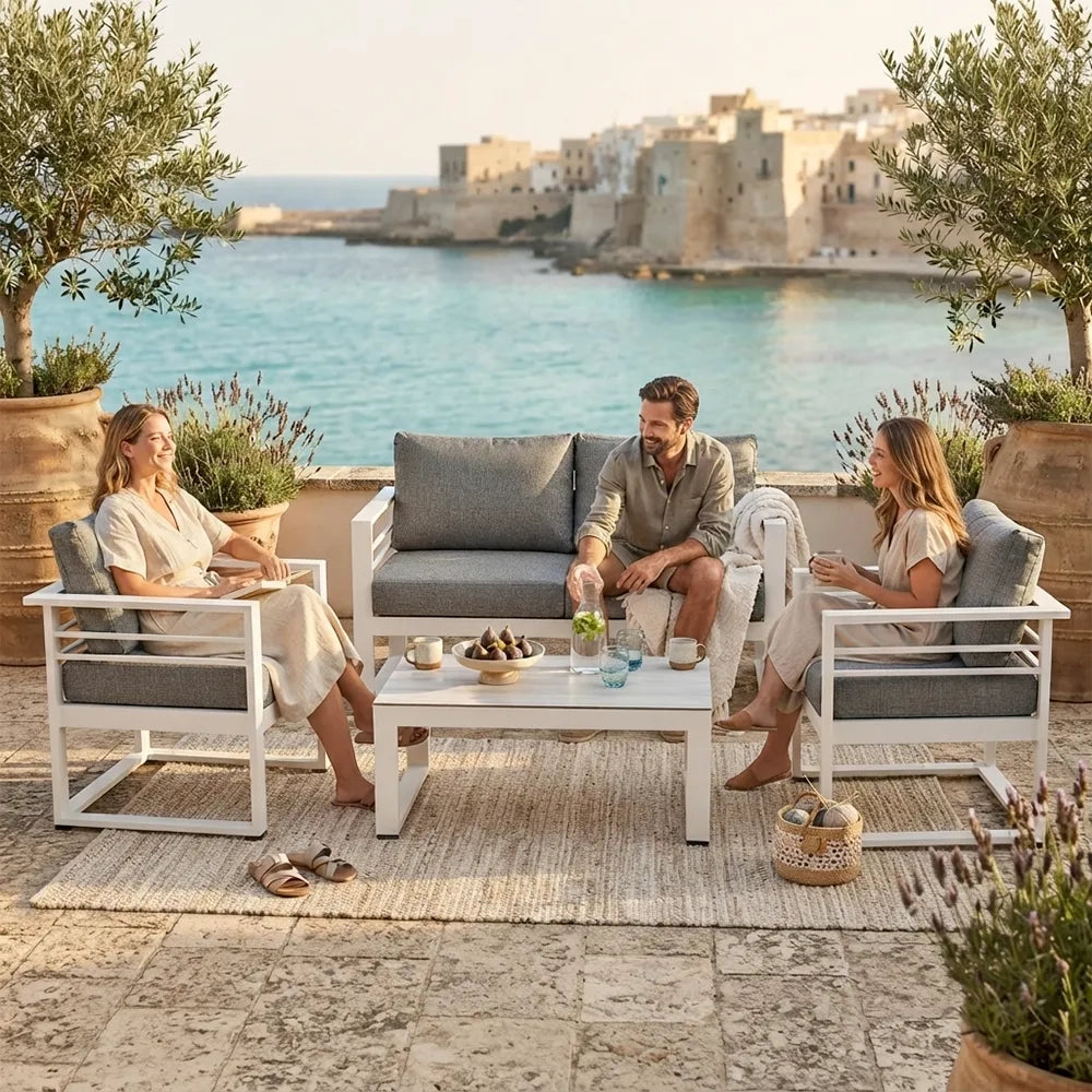 Salottino 2 posti LEROS in alluminio colore bianco tessuto grigio chiaro per spazi aperti con cuscineria sfoderabile.