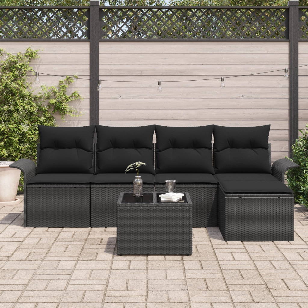 Set Divano da Giardino 6 Pezzi con Cuscini in Polyrattan Nero