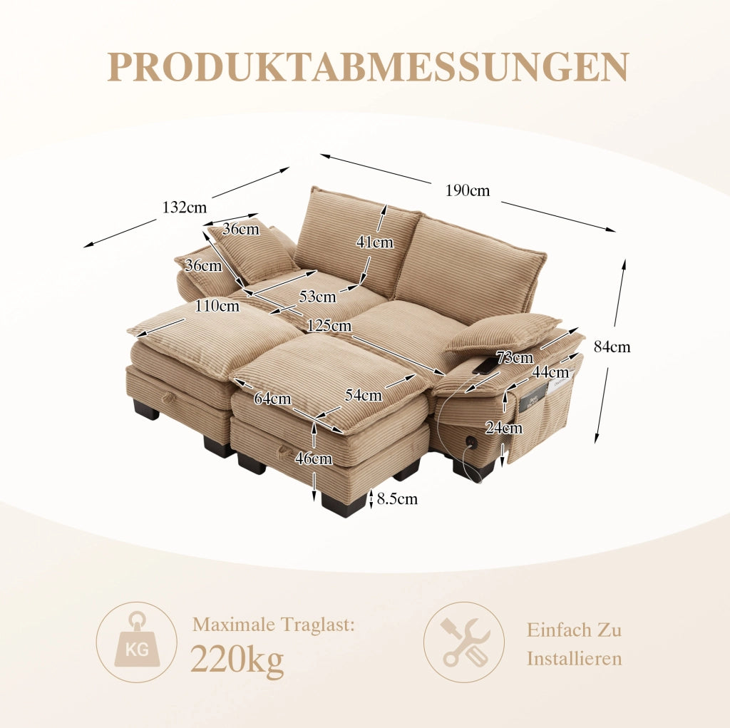 Divano modulare 2 posti in corduroy khaki con 2 pouf; porta USB-C e tasche laterali