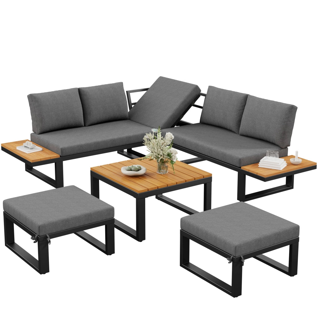 Set Lounge Divano Angolare da Giardino Esterno 6 Pezzi con Tavolino e Cuscini ¨C MINIMAL ¨C Acciaio, Grigio/Beige