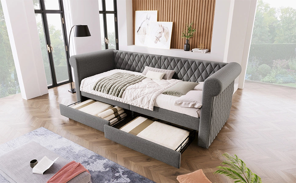 DESMIU Letto divano 90 × 200 cm 1 posto con 2 cassetti e schienale curvo, senza materasso, in lino, grigio
