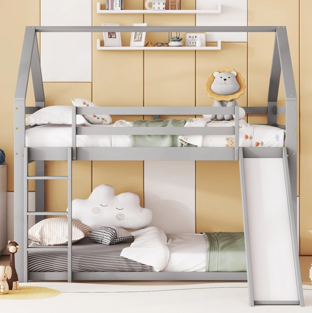 LETTO A CASTELLO A FORMA DI CASA 140x200 cm GRIGIO con scivolo e scala