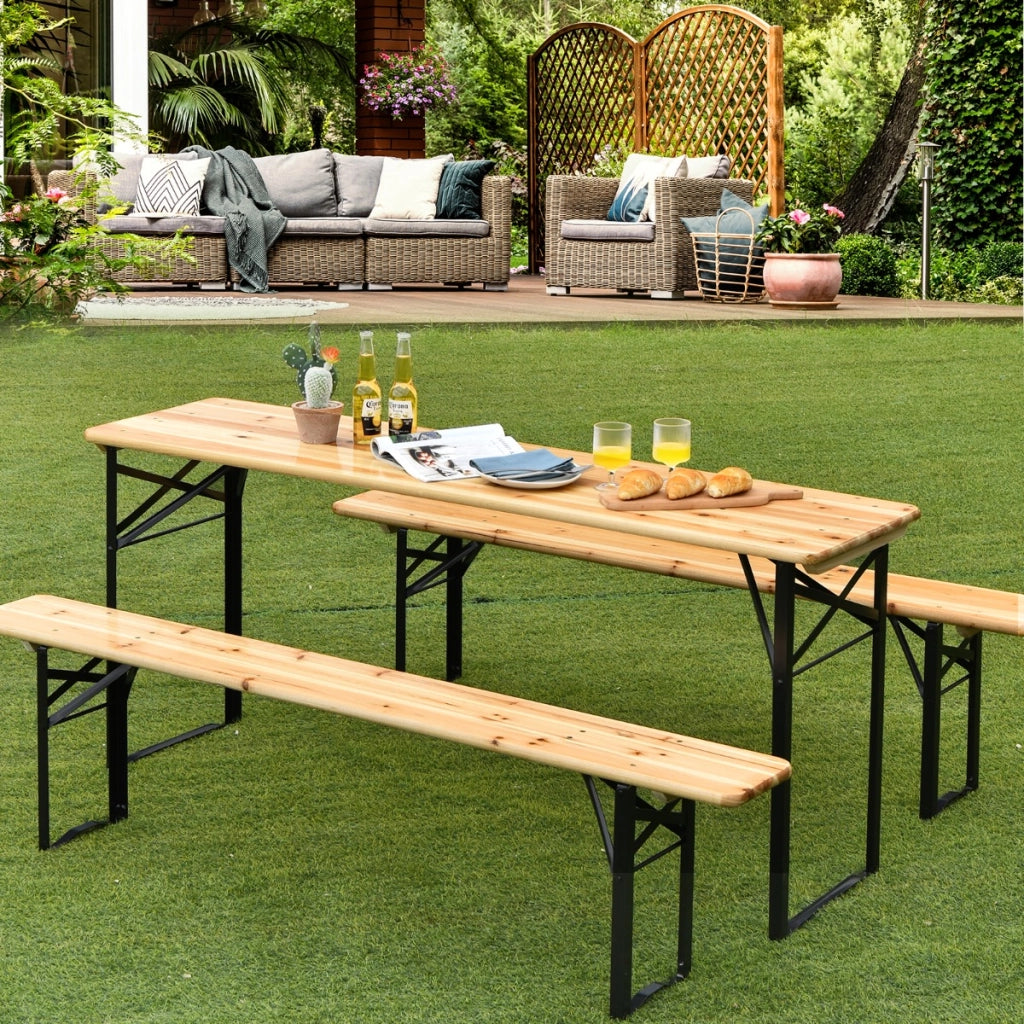 Set di 3 pezzi di tavolo da picnic pieghevole e panca, Tavolo da birra in legno da 176cm con 2 panche per patio-Tavoli e sedie da campeggio